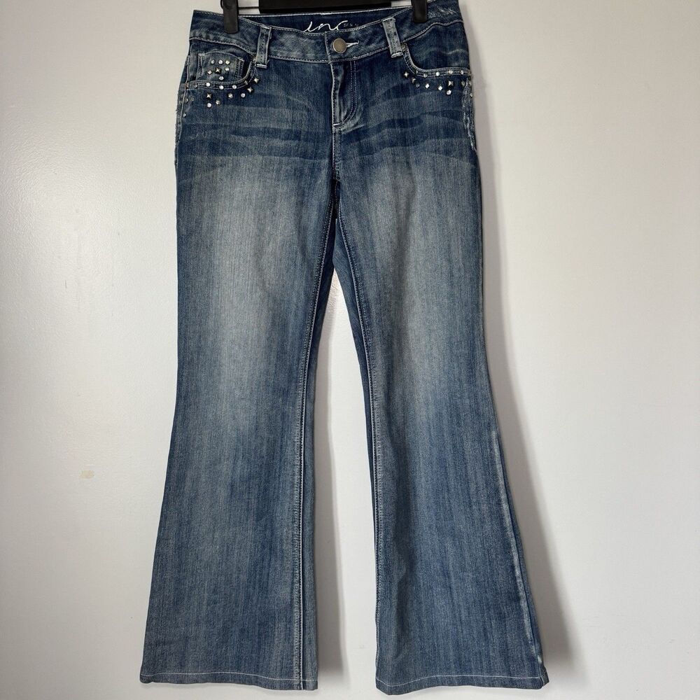 INC International Concepts Distressed Studded Blue Jeans Size 4 low-rise Flare